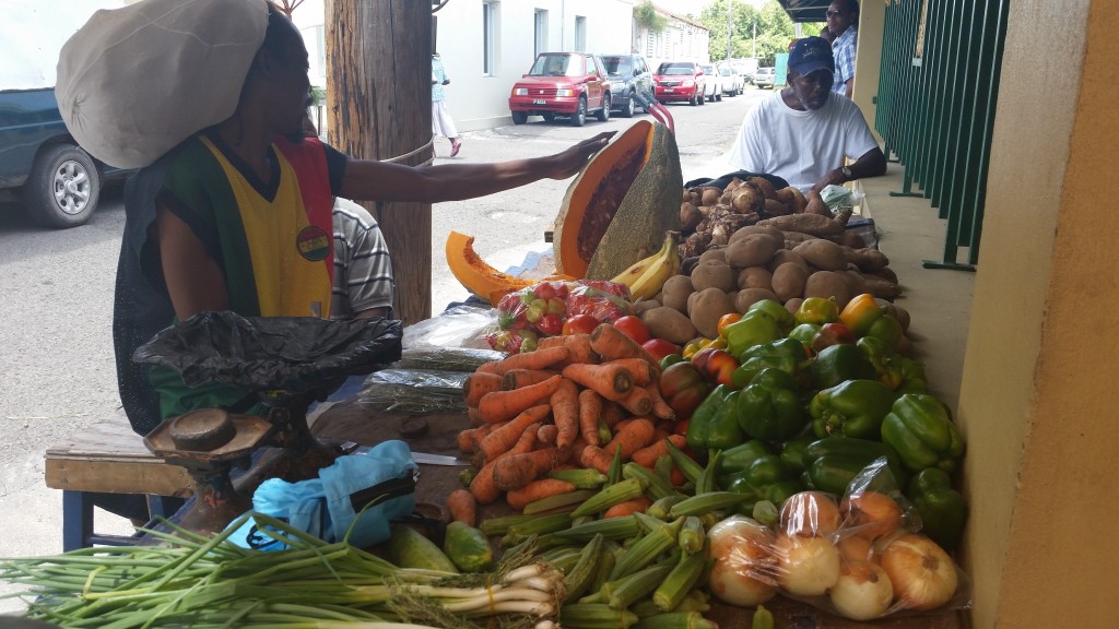 Vendor showing off his giant pumpkin at the local market in Charelestown, Nevis.