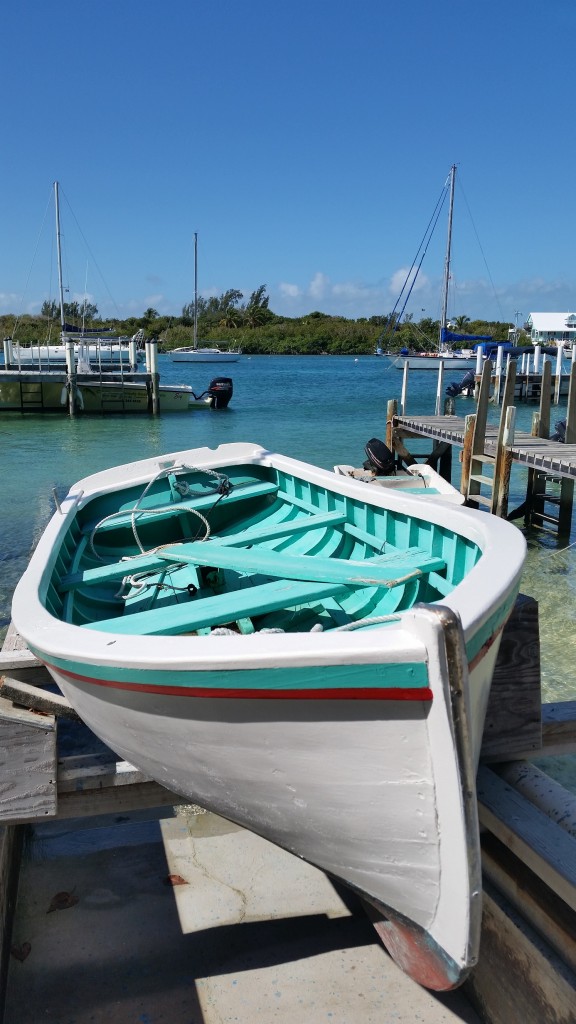 The “Yippee” dinghy, built on Man-O-War Cay circa 1948 and displayed near the dock