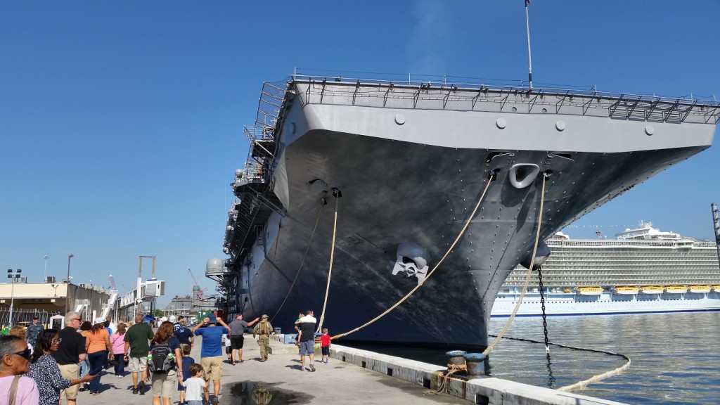 The USS WASP (LHD 1) is designed to accomodate new landing craft, air cushion (LCAC) for fast troop movement over the beach and Harrier ii (AV-88) vertical/short takeoff and landing (V/STOL) jets that provide close air support for the assault force.