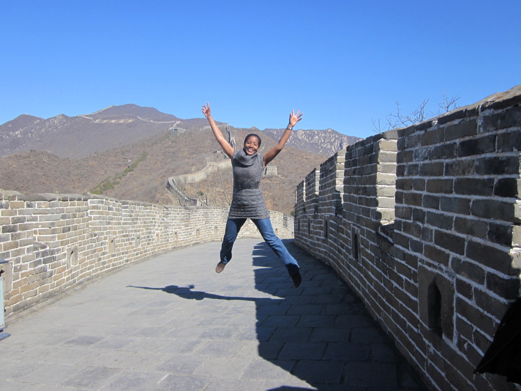 That's the stance of someone happily thinking, "I came, I saw and I conquered THE Great Wall".