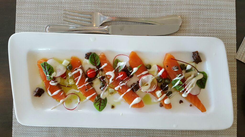 The colorful and tasty smoked salmon appetizer at 360 Resturant, CN Tower, Canada