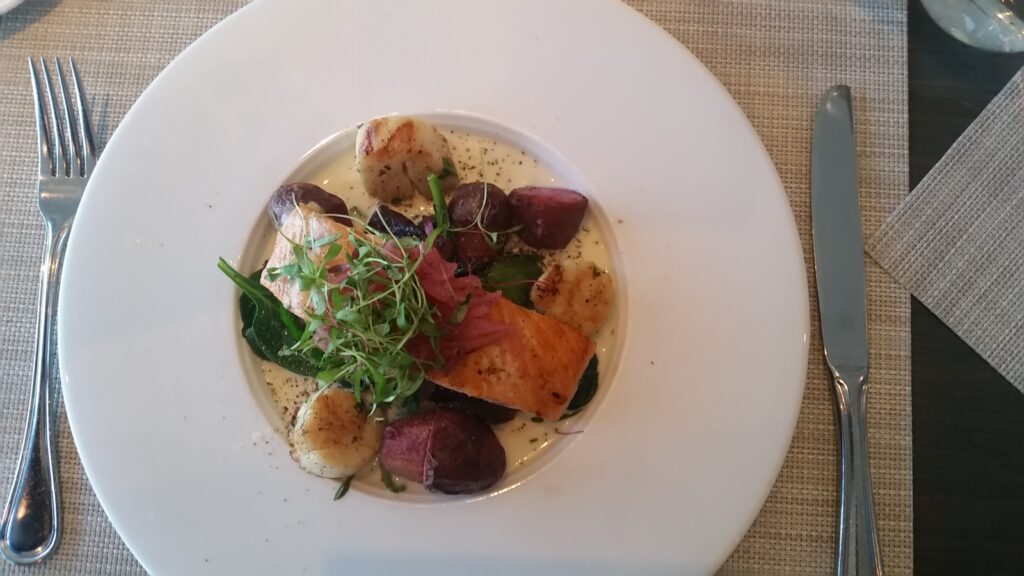 salmon and scallops at 360 Restaurant, CN Tower, Toronto