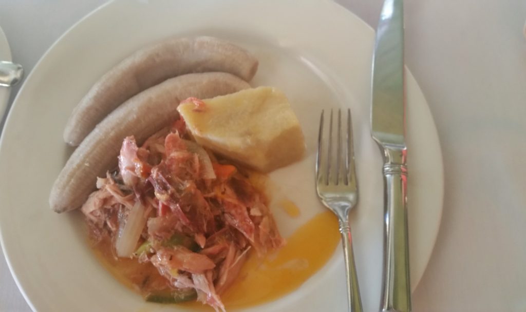 Salt mackerel with boiled yam and bananas